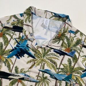 GarmentOne Clothing Men's Large Aloha Hawaiian Shirt Fighter Jets Palm Trees